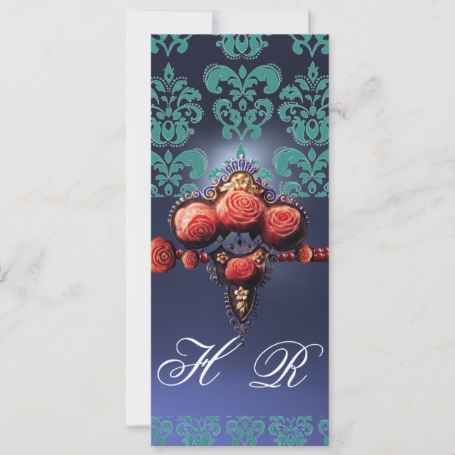 INVITATION ROSES CORAIL ROUGE, MONOGRAMME DAMASSÉ NOIR BLEU A (Devant)
