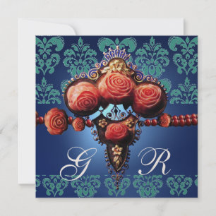 INVITATION ROSES CORAIL ROUGE, MONOGRAMME DAMASSÉ NOIR BLEU A