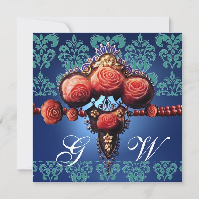 INVITATION ROSES CORAIL ROUGE, MONOGRAMME DAMASSÉ NOIR BLEU A (Devant)