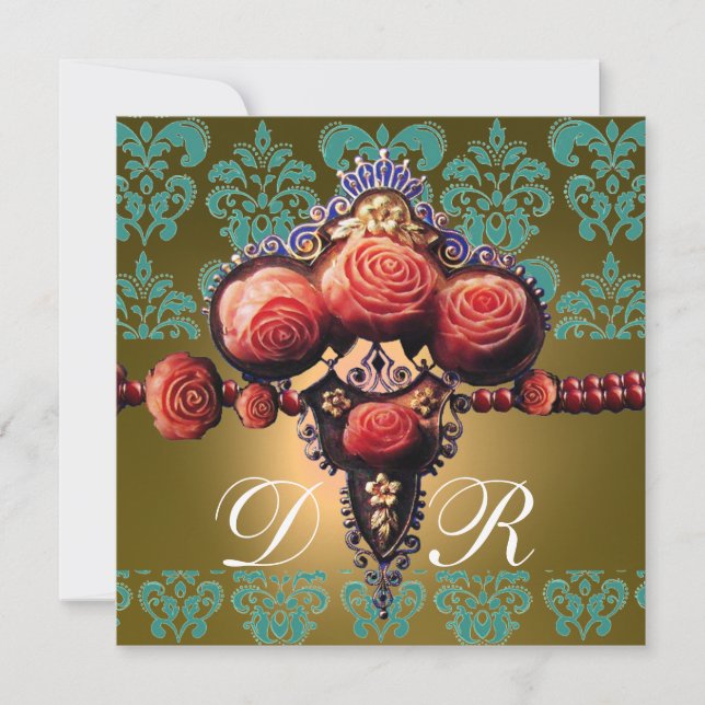 INVITATION ROSES CORAIL ROUGE, MONOGRAMME DAMASSÉ NOIR VERT J (Devant)