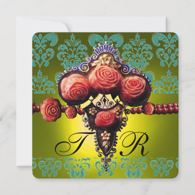 INVITATION ROSES CORAIL ROUGE, MONOGRAMME DAMASSÉ NOIR VERT J (Devant)