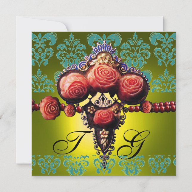 INVITATION ROSES CORAIL ROUGE, MONOGRAMME DAMASSÉ NOIR VERT J (Devant)