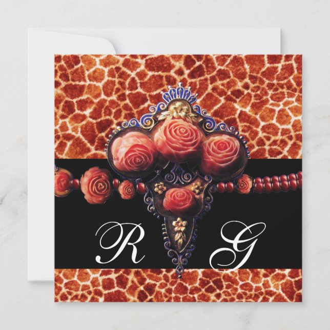 INVITATION ROSES CORAIL ROUGE NOIR, PEAU DE GIRAFFE MONOGRAMM (Devant)
