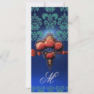 INVITATION ROSES CORAIL ROUGE OR, MONOGRAMME DAMAS BLEU NOIR
