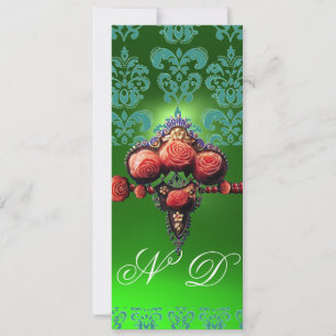INVITATION ROSES CORAIL ROUGES, DAMAS BLEU VERT NOIR MONOGRAM