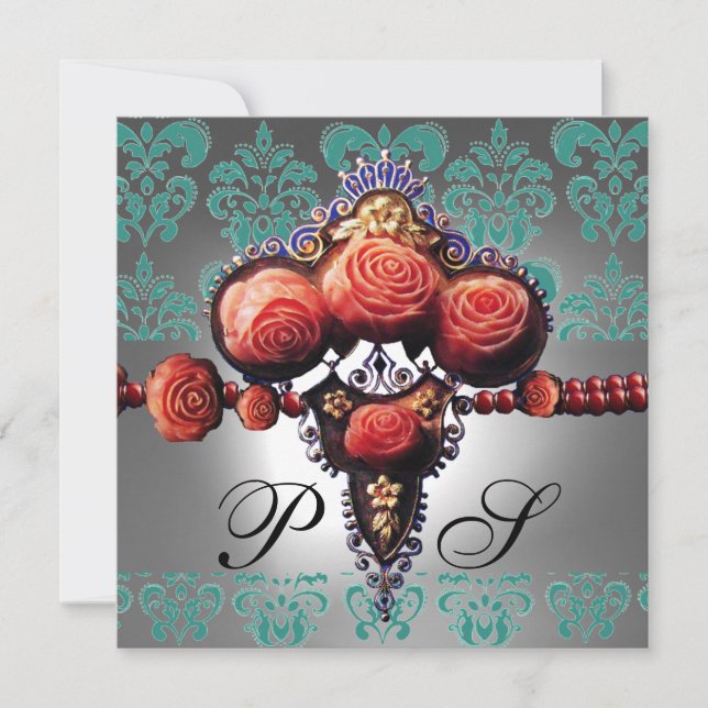 INVITATION ROSES CORAIL ROUGES, DAMAS MONOGRAMME NOIR VERT BL (Devant)
