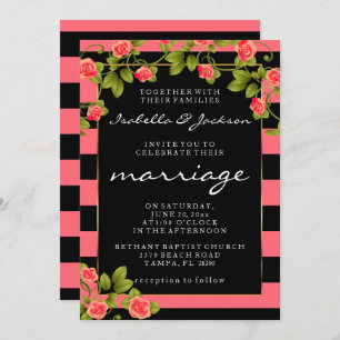 Invitation Roses coralliens sur corail et rayures noires