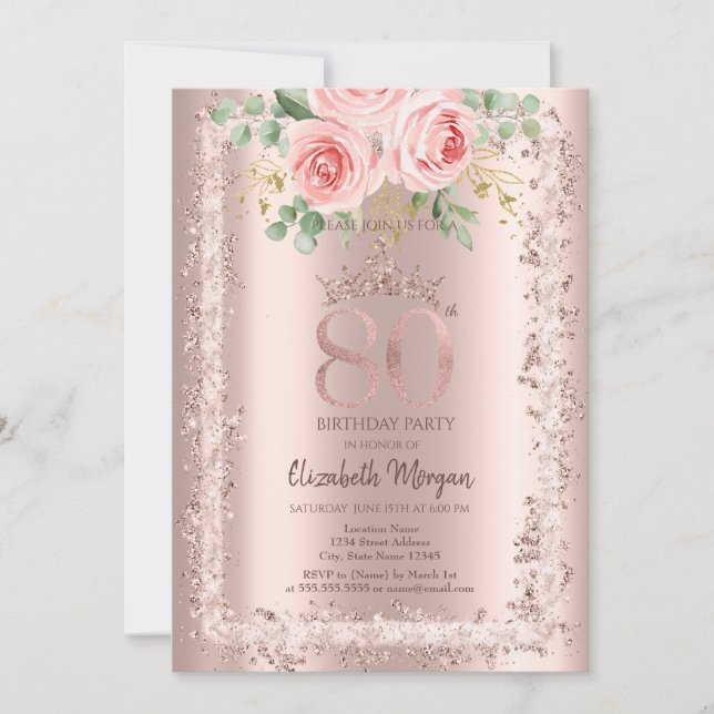 Invitation Roses, Couronne avec cadre pailleté or rose pour 8 (Devant)