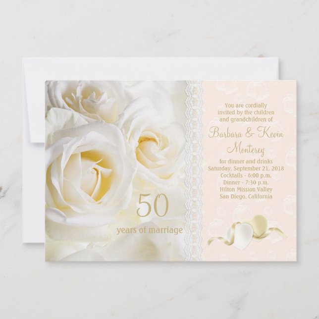 Invitation Roses crème blanche, cœurs 50e anniversaire de mar (Devant)