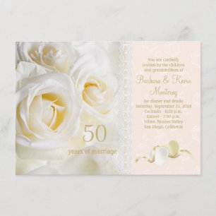 Invitation Roses crème blanche, cœurs 50e anniversaire de mar