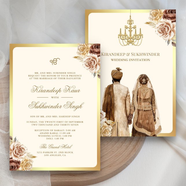 Invitation Roses Crème Marron Fleurs Anand Karaj Mariage Sikh (Créateur téléchargé)