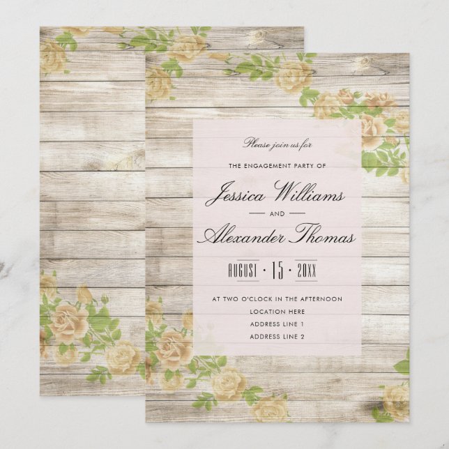 Invitation Roses d'abricot nostalgiques sur bois pour fiançai (Devant / Derrière)