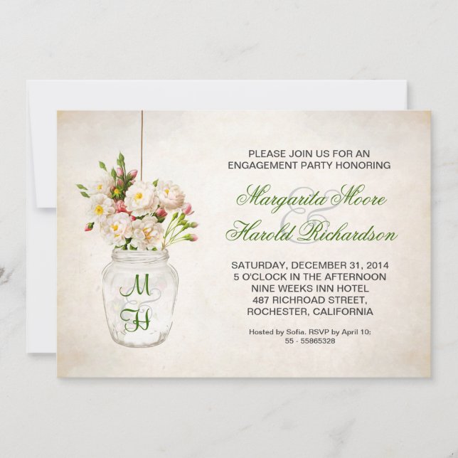 Invitation roses dans le bocal mason ENGAGEMENT PARTY invitat (Devant)