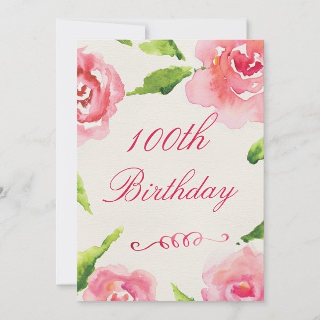 Invitation Roses d'aquarelle chic 100e anniversaire (Devant)