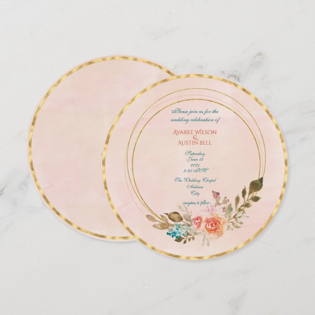 Invitation Roses d'aquarelle et cadre géométrique or (Devant / Derrière)