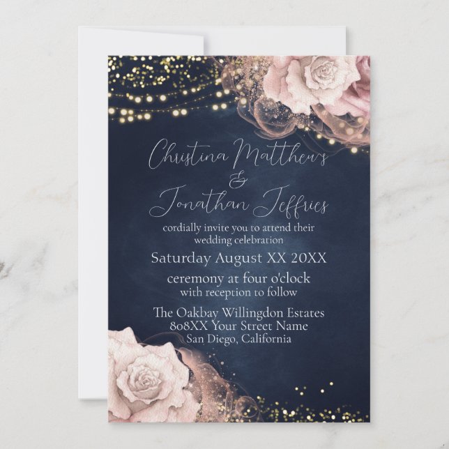 Invitation Roses d'aquarelle romantique sur Moody Blue (Devant)