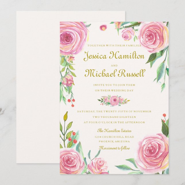 Invitation Roses d'aquarelle vintages (Devant / Derrière)