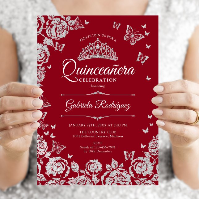 Invitation Roses d'argent rouges Papillons Quinceanera (Créateur téléchargé)