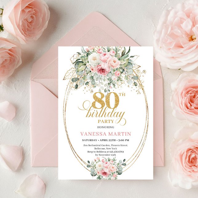 Invitation Roses de blush Boho intemporelles pour 80e anniver (Timeless Boho Blush Roses Minimal 80th Birthday)