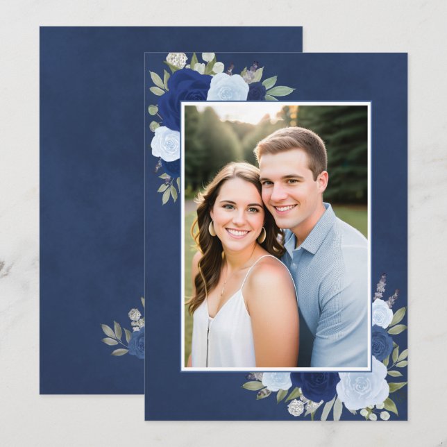 Invitation Roses de Boho bleu marbré Photo Mariage sous-sol (Devant / Derrière)