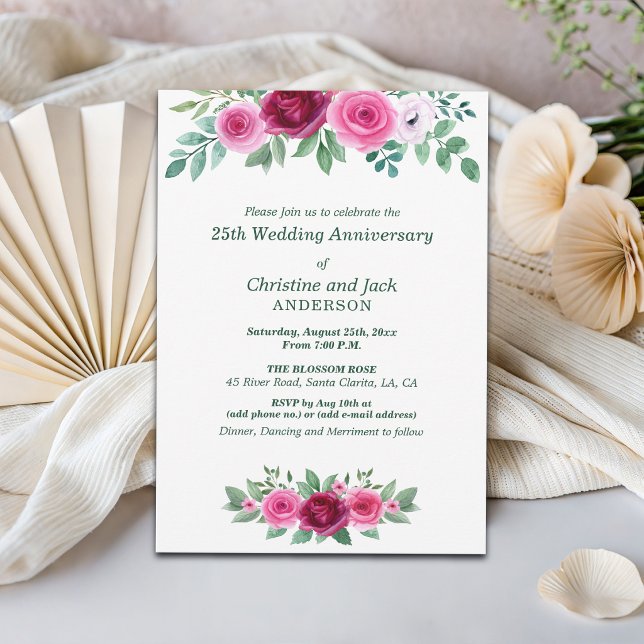 Invitation Roses de Bourgogne à l'aquarelle 25e anniversaire  (Créateur téléchargé)