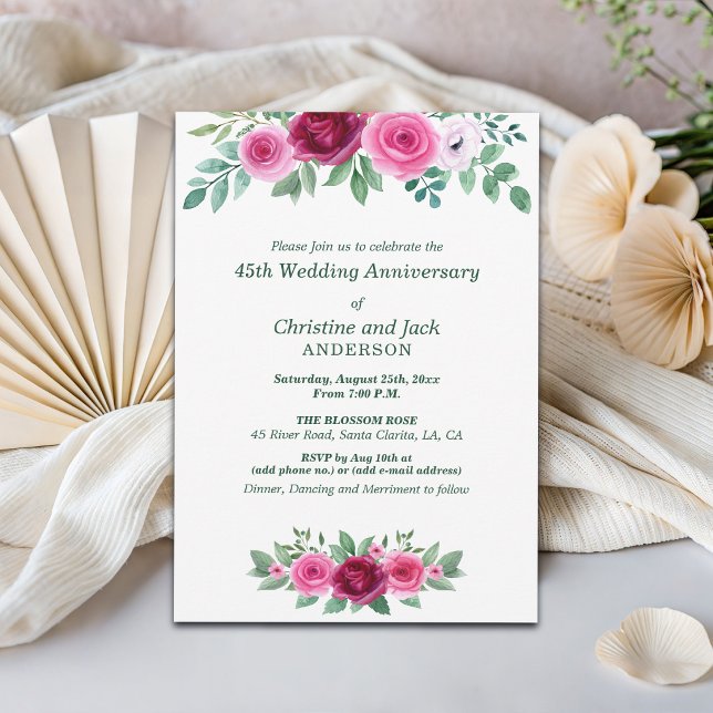 Invitation Roses de Bourgogne à l'aquarelle 45e anniversaire  (Créateur téléchargé)