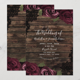 Invitation Roses de Bourgogne Bois Rustique Dentelle Noire Ma
