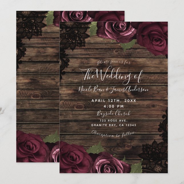 Invitation Roses de Bourgogne Bois Rustique Dentelle Noire Ma (Devant / Derrière)