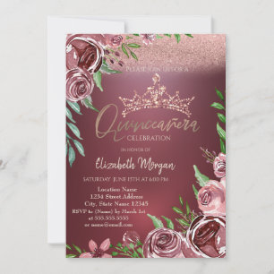 Invitation Roses de Bourgogne,Couronne Bokeh Quinceañera