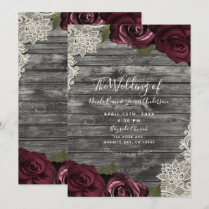 Invitation Roses de Bourgogne Grise Bois Crème Mariage en Den
