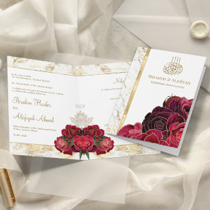 Invitation Roses de Bourgogne Marbre Doré Mariage Islamique M