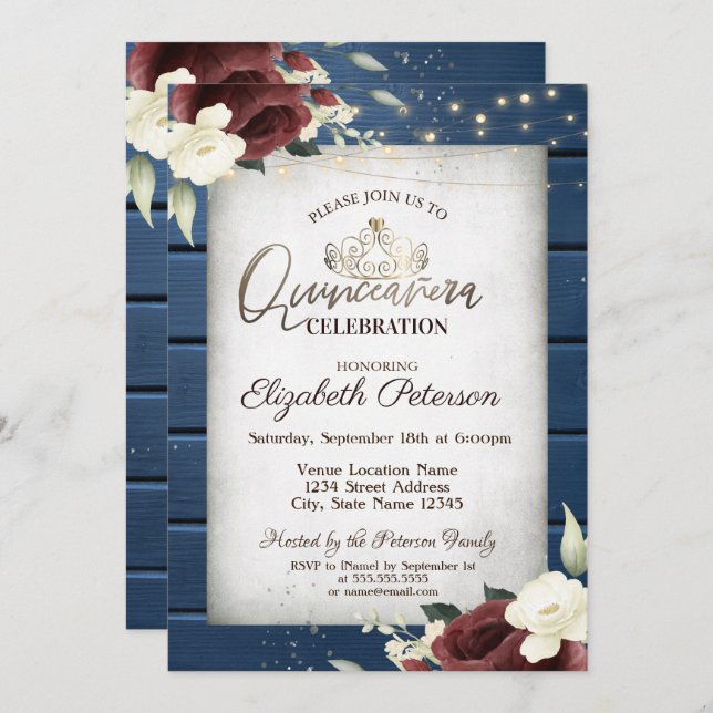 Invitation Roses de Bourgogne, Marine Blue Wood Quinceañera (Devant / Derrière)