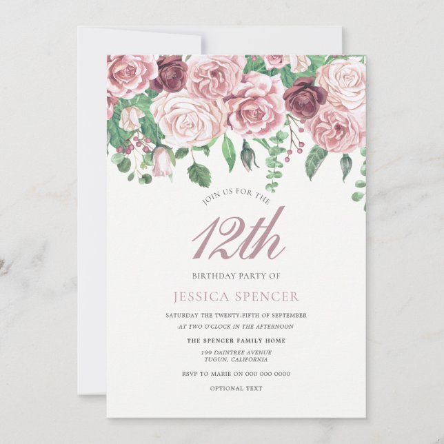 Invitation Roses de Bourgogne rose 12e 13e fête d'anniversair (Devant)