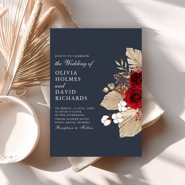 Invitation Roses de Bourgogne sur Midnight Blue (Burgundy Roses on Midnight Blue Wedding Invitation on a boho table with dry palm leaf.)