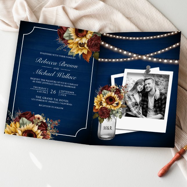 Invitation Roses de Bourgogne Tournesol Bleu Nuit Code QR Mar (Créateur téléchargé)