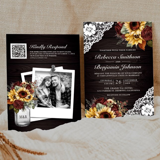 Invitation Roses de Bourgogne Tournesol Bois Dentelle Code QR (Créateur téléchargé)