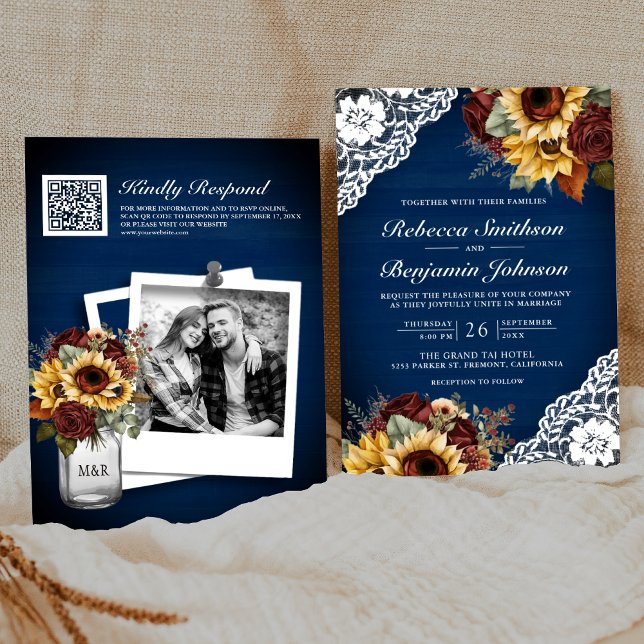 Invitation Roses de Bourgogne Tournesol Navy Dentelle Code QR (Créateur téléchargé)