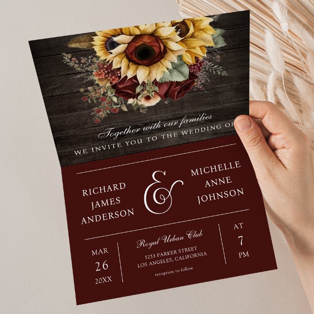 Invitation Roses de Bourgogne Tournesols Bois Code QR Mariage (Créateur téléchargé)