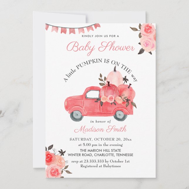 Invitation Roses de camion Citrouille rose | BABY SHOWER (Devant)