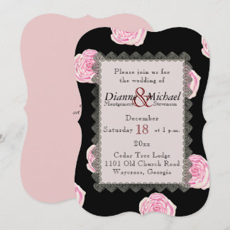 Invitation Roses de chou rose et Mariage de dentelle noire