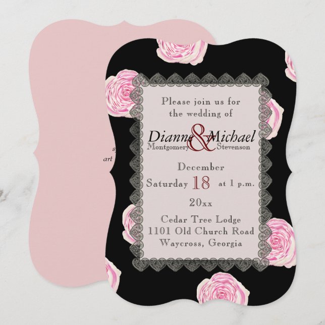 Invitation Roses de chou rose et Mariage de dentelle noire (Devant / Derrière)