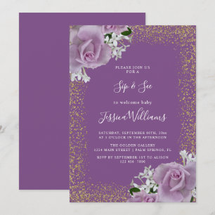 Invitation Roses de coin, paillettes dorées, fête Sip & See