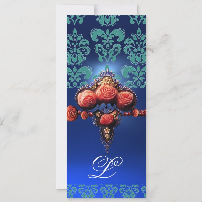 INVITATION ROSES DE CORAIL ROUGE, AQUA BLUE BLACK DAMASK MONO (Devant)