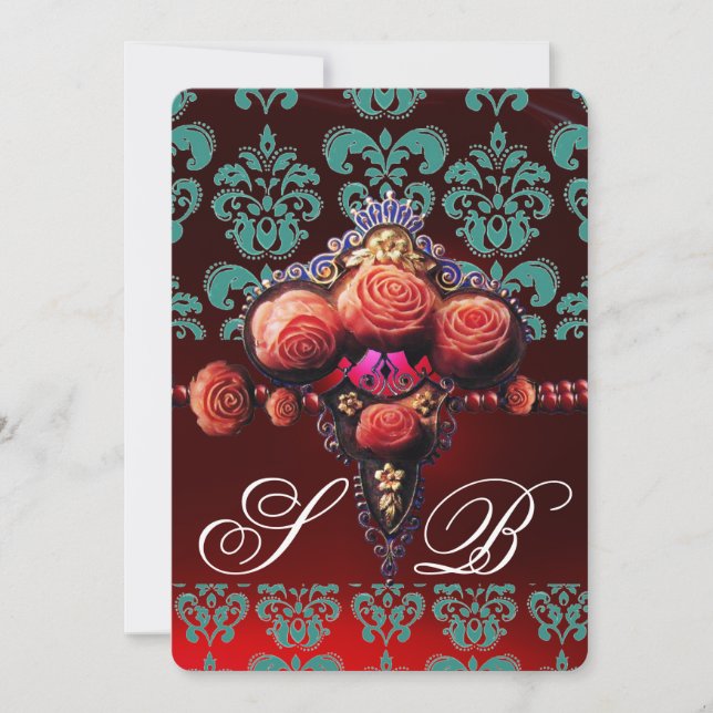INVITATION ROSES DE CORAIL ROUGE, MONOGRAMME BLEU BLEU TURQUO (Devant)