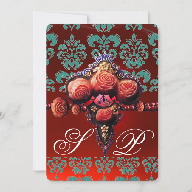 INVITATION ROSES DE CORAIL ROUGE, MONOGRAMME BLEU BLEU TURQUO (Devant)