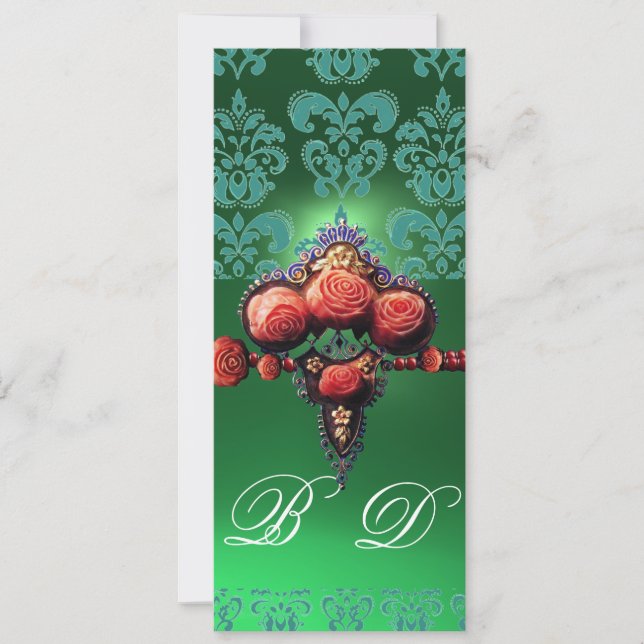 INVITATION ROSES DE CORAIL ROUGE, NOIR BLEU VERT MONOGRAMME (Devant)