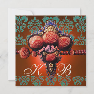 INVITATION ROSES DE CORAIL ROUGES, OR MONOGRAMME DAMASSÉ OR B