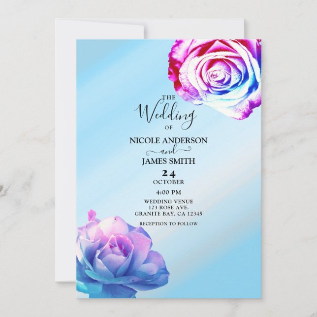 Invitation Roses de Couleurs Pastel Élégantes Fleurs Bleues M (Devant)