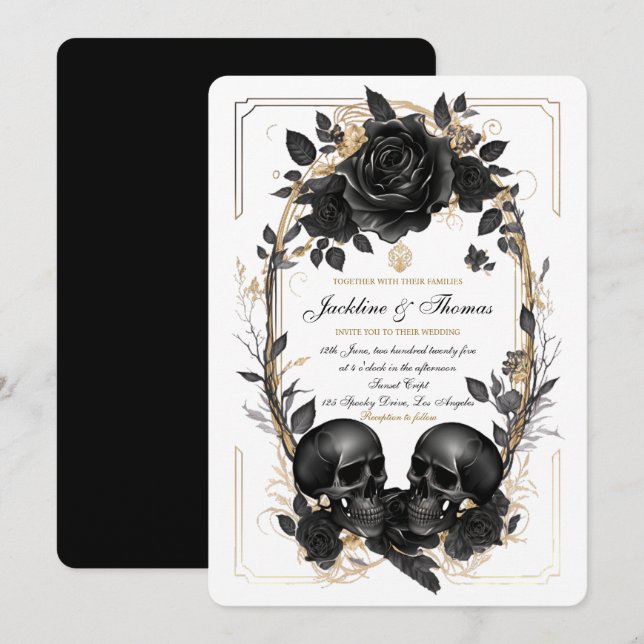 Invitation  Roses de crâne noir blanc or mariage gothique (Devant / Derrière)