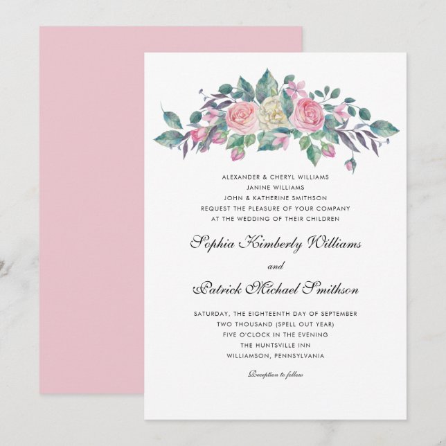 Invitation Roses de crème rose | 3 définit le mariage des par (Devant / Derrière)